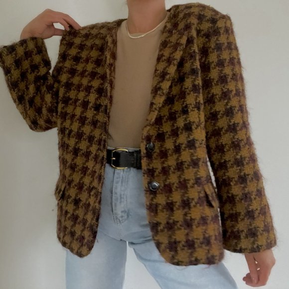 Vintage Plum & Ochre Wool Houndstooth Coat - Picture 2 of 7